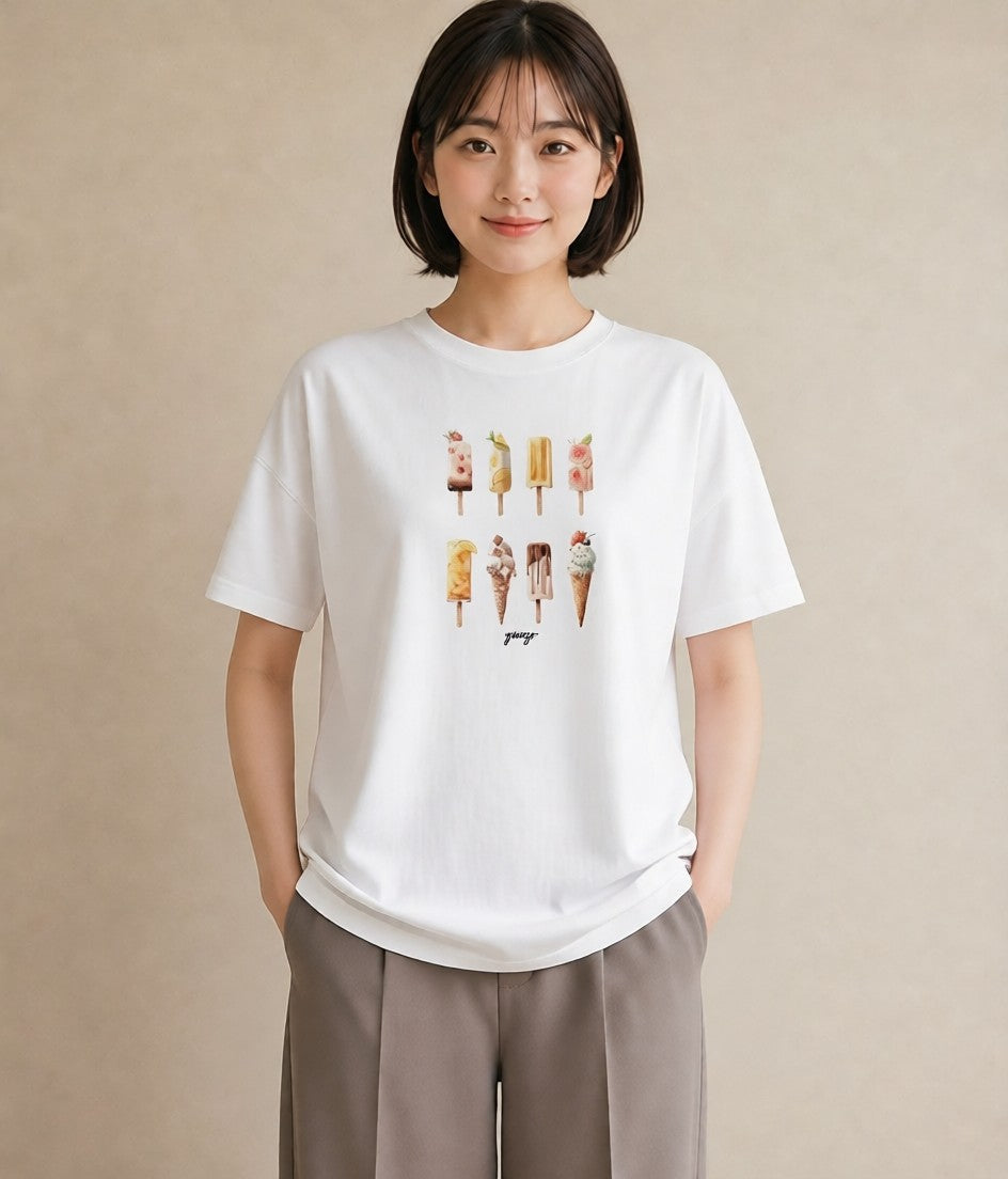 プリントTシャツ レディース ソフトクリーム 食べ物 フード イラスト カフェコーデ 休日 ペアコーデ 白T YMAZO