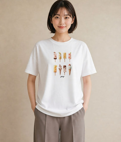プリントTシャツ レディース ソフトクリーム 食べ物 フード イラスト カフェコーデ 休日 ペアコーデ 白T YMAZO