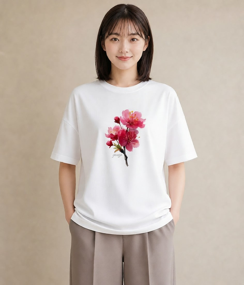 Tシャツ レディース 梅 花 花柄 イラスト お洒落 レイヤード 友達ギフト 白T YMAZO