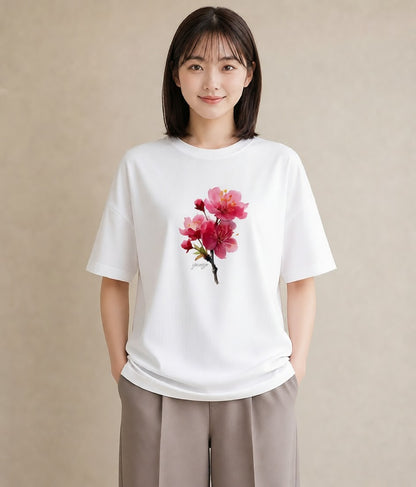Tシャツ レディース 梅 花 花柄 イラスト お洒落 レイヤード 友達ギフト 白T YMAZO