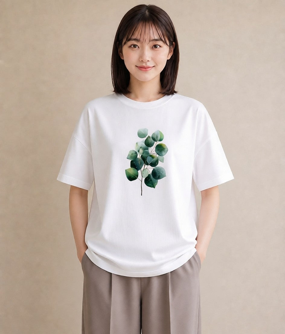 プリントTシャツ レディース ユーカリ 植物 ボタニカル イラスト ゆるかわ ビーチ デイリーウェア 白T YMAZO
