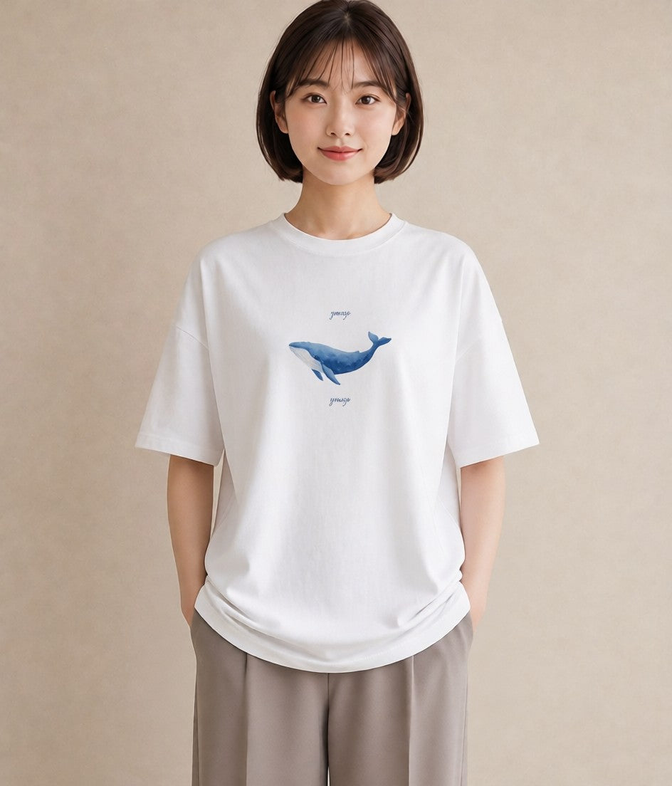 プリントTシャツ レディース ジンベエザメ 海の生き物 海 イラスト ゆるコーデ ペアコーデ 秋コーデ 白T YMAZO