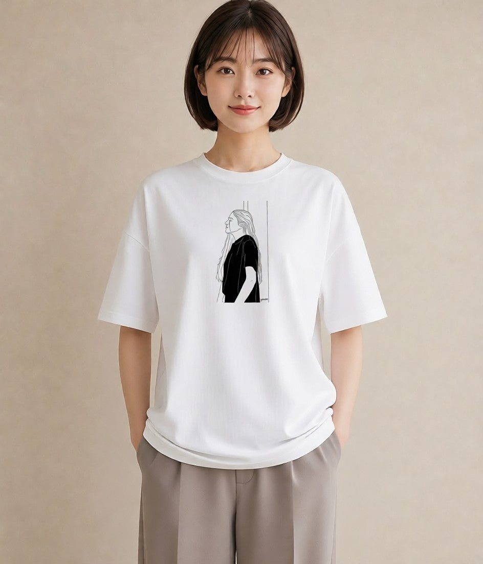 Tシャツ レディース 女の子 ガール 後ろ姿 イラスト ラフ 散歩 お出かけ 白T YMAZO