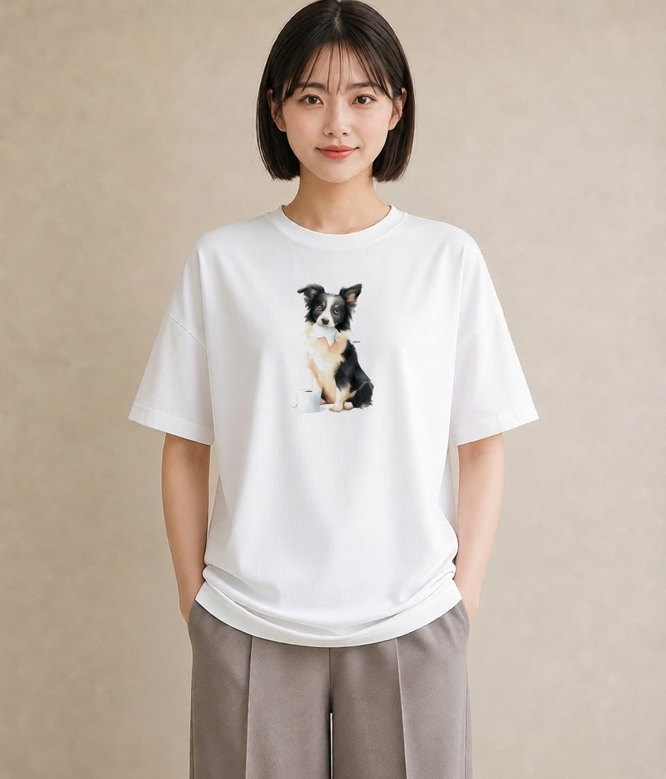 半袖Tシャツ レディース ボーダーコリー 犬 いぬ イラスト ゆるかわ 女性 旅行用 白T YMAZO
