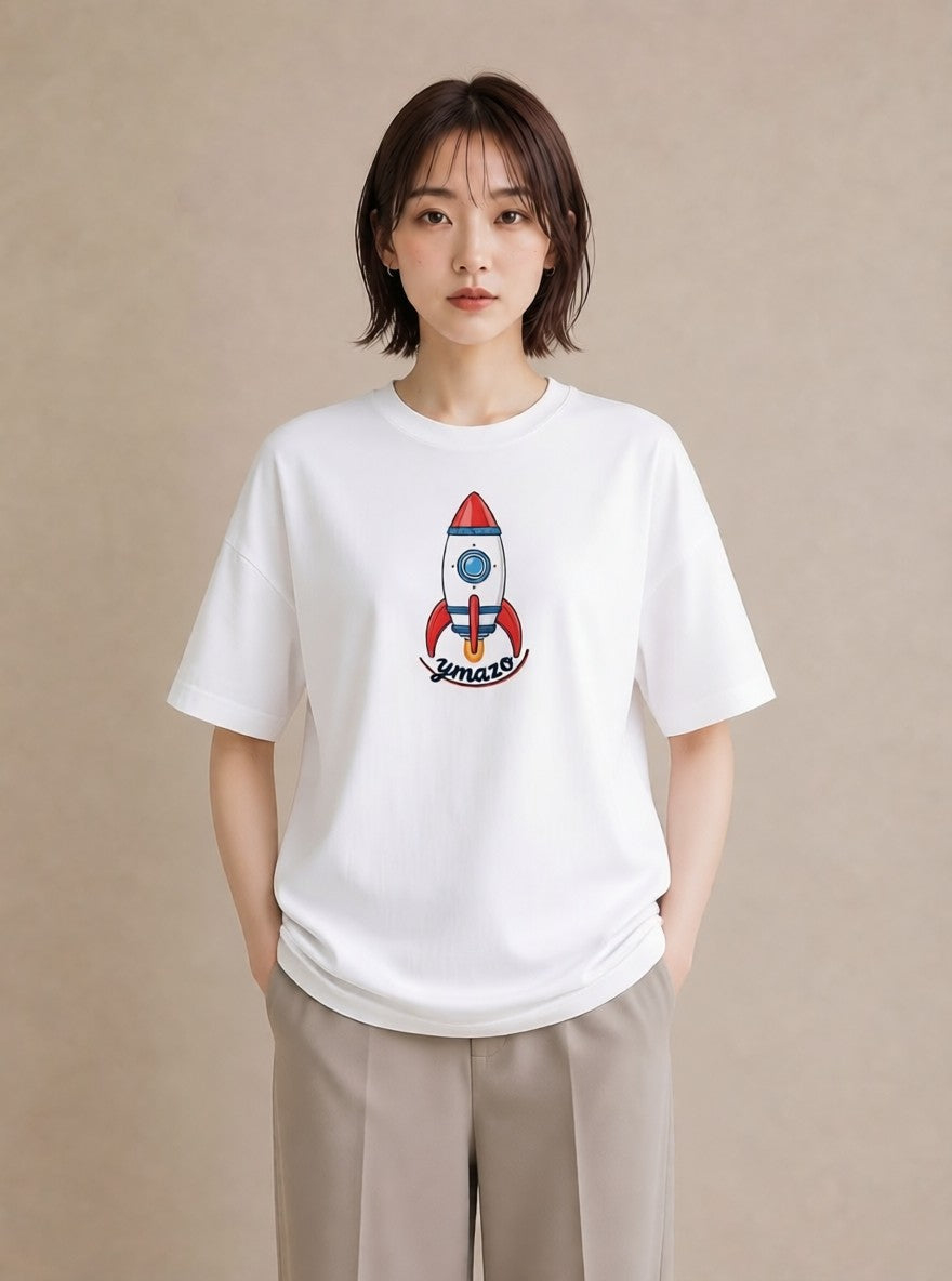 Tシャツ レディース ロケット 星空 宇宙 イラスト ヴィンテージ風 普段着 週末コーデ 白T YMAZO