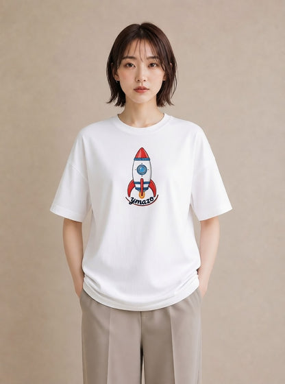 Tシャツ レディース ロケット 星空 宇宙 イラスト ヴィンテージ風 普段着 週末コーデ 白T YMAZO