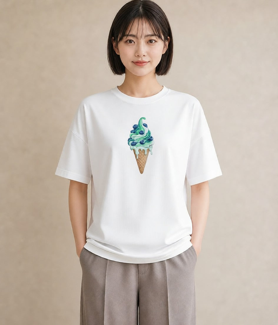 デザインTシャツ レディース ソフトクリーム 食べ物 フード イラスト レトロ 自分用 ルームウェア 白T YMAZO