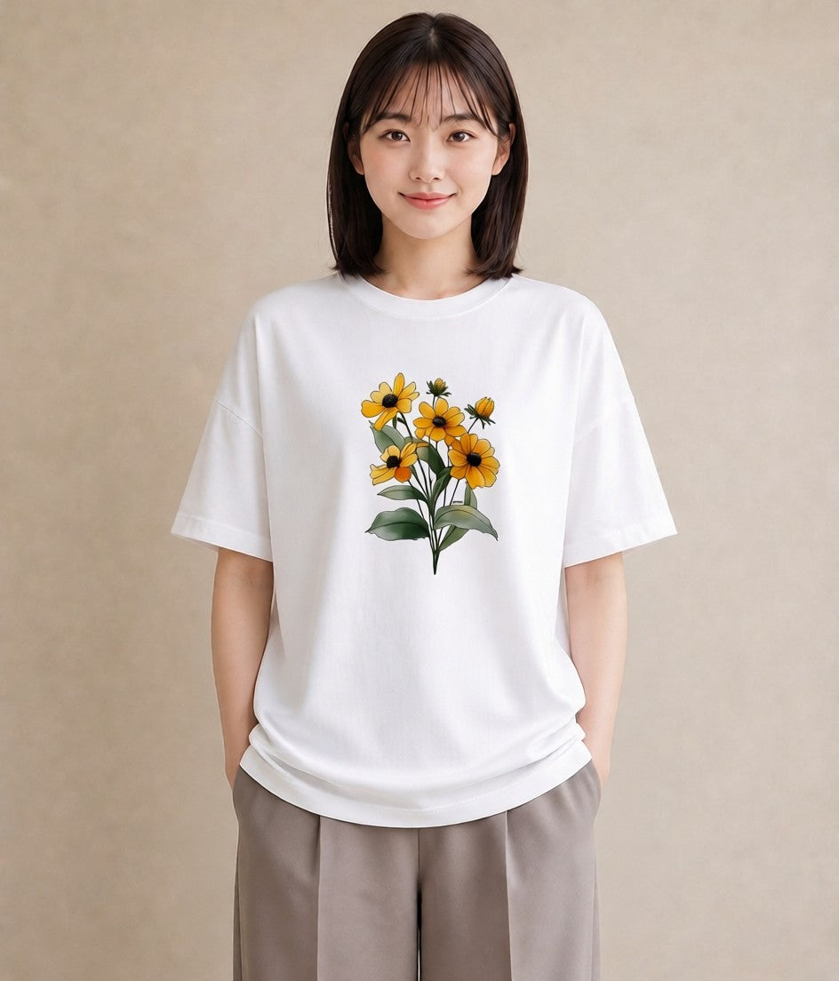 半袖Tシャツ レディース ひまわり 向日葵 花 花柄 イラスト ポップ ビーチ デイリーウェア 白T YMAZO