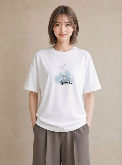 グラフィックTシャツ レディース パールピアス アクセサリー ナチュラル アンティーク イラスト こなれ感 20代 カジュアルコーデ 白T YMAZO