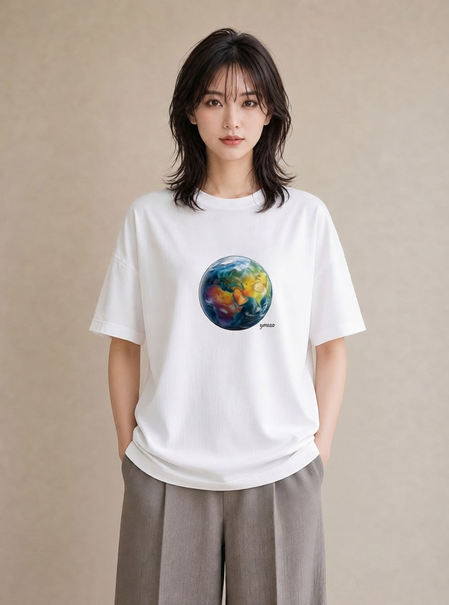 Tシャツ レディース 地球 星空 宇宙 イラスト ユニーク 週末コーデ 敬老の日 白T YMAZO