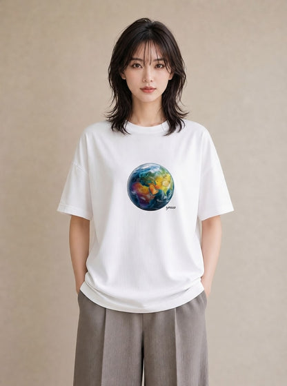 Tシャツ レディース 地球 星空 宇宙 イラスト ユニーク 週末コーデ 敬老の日 白T YMAZO
