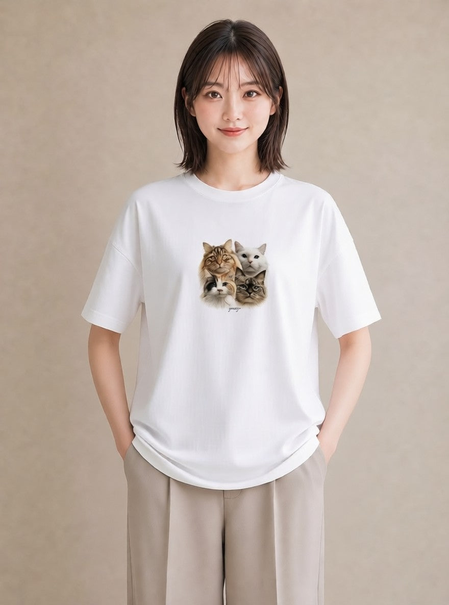 デザインTシャツ レディース 猫 ねこ イラスト ラフカジュアル 部屋着 女性向けギフト 白T YMAZO