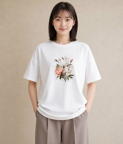 半袖Tシャツ レディース 牡丹 花 花柄 イラスト アート風 ミセス 春コーデ 白T