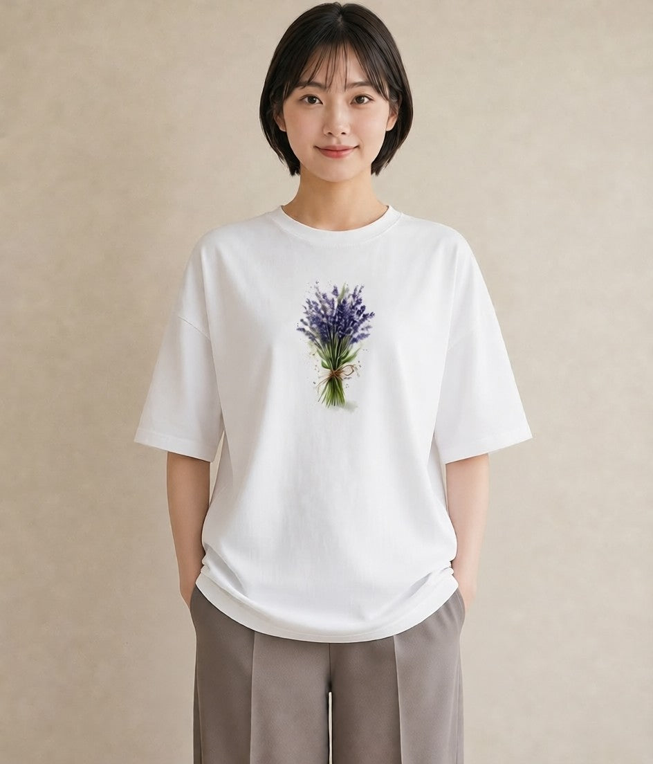 半袖Tシャツ レディース ラベンダー 花 花柄 イラスト フェミニン デート 帰省 白T YMAZO