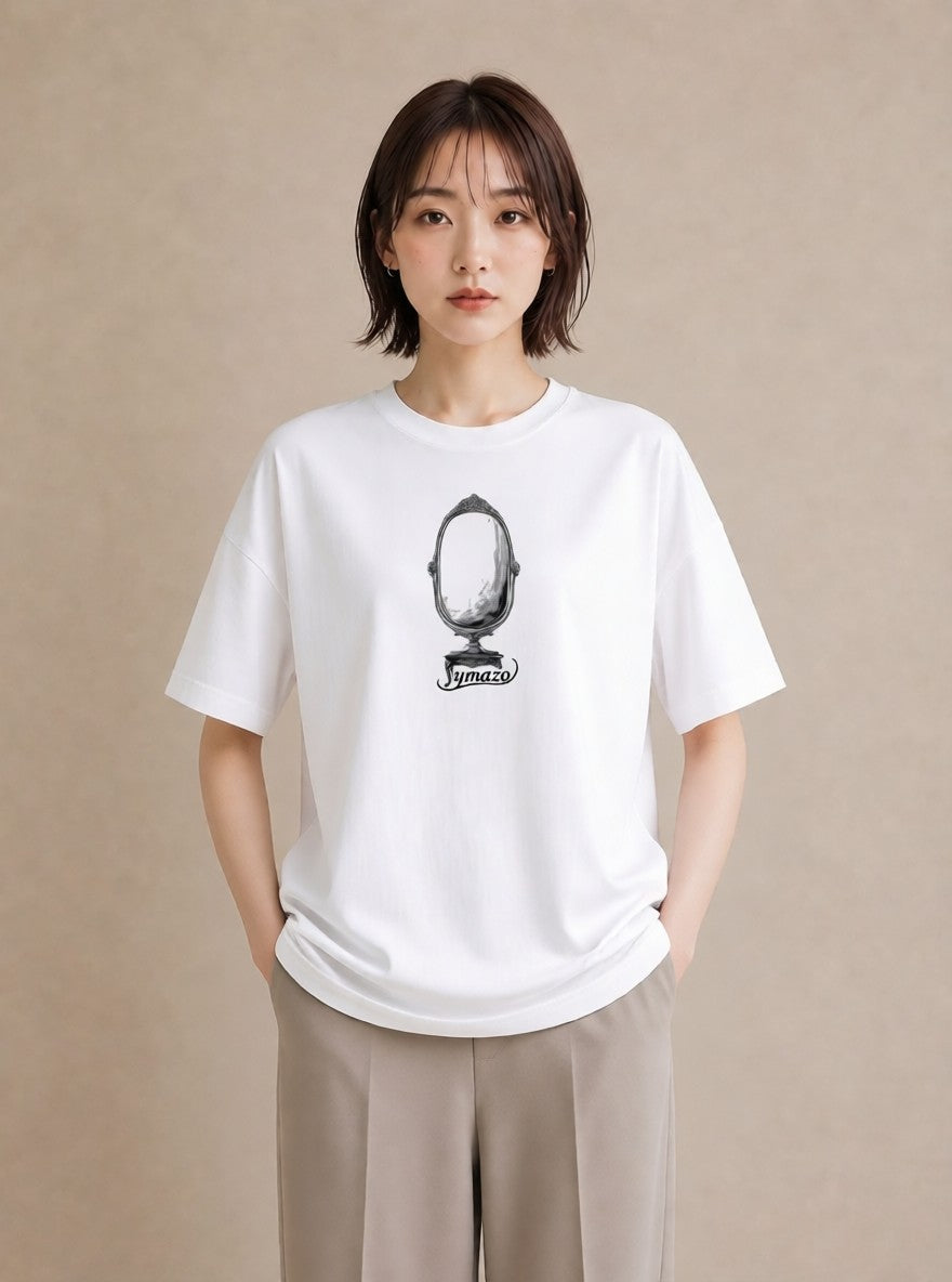グラフィックTシャツ レディース 手鏡 アンティーク レトロ ナチュラル イラスト 休日コーデ 海 カフェ巡り 白T YMAZO