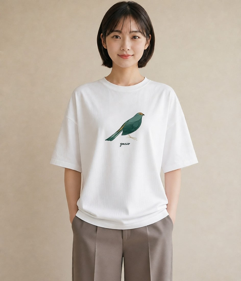 半袖Tシャツ レディース 九官鳥 ペット 動物 イラスト 抜け感 ミセス 春コーデ 白T YMAZO