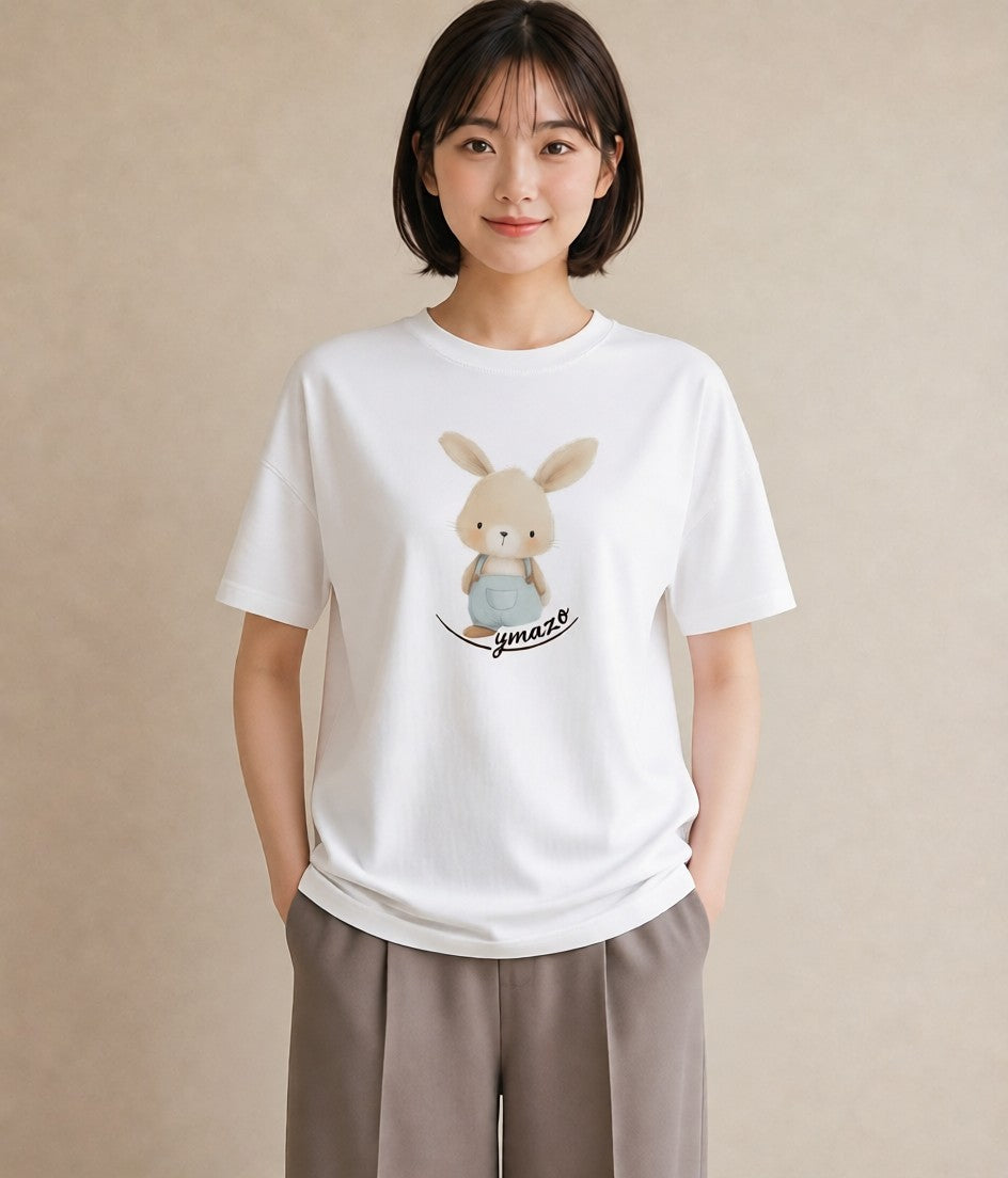 半袖Tシャツ レディース ミニうさぎ ペット 動物 イラスト 線画 ラフ レイヤード 白T YMAZO