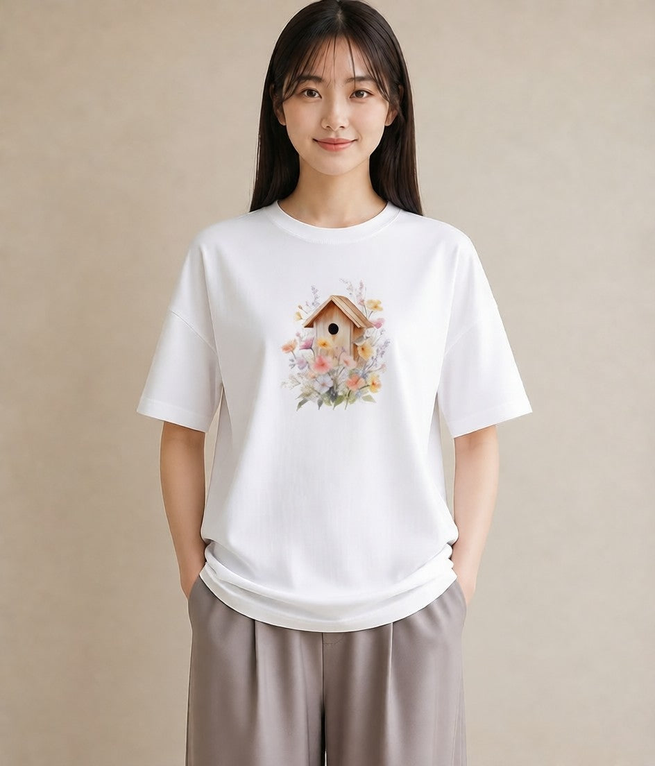 デザインTシャツ レディース 遠い家と鳥 風景 鳥 ナチュラル アンティーク イラスト ゆるコーデ 海 カフェ巡り 白T YMAZO