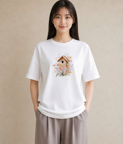 デザインTシャツ レディース 遠い家と鳥 風景 鳥 ナチュラル アンティーク イラスト ゆるコーデ 海 カフェ巡り 白T YMAZO
