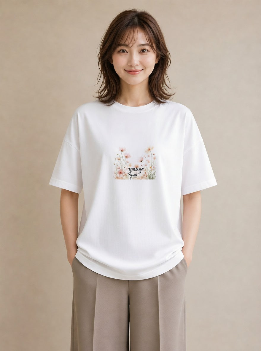 グラフィックTシャツ レディース コスモス 秋桜 花 花柄 イラスト ギフト 母の日 白T YMAZO