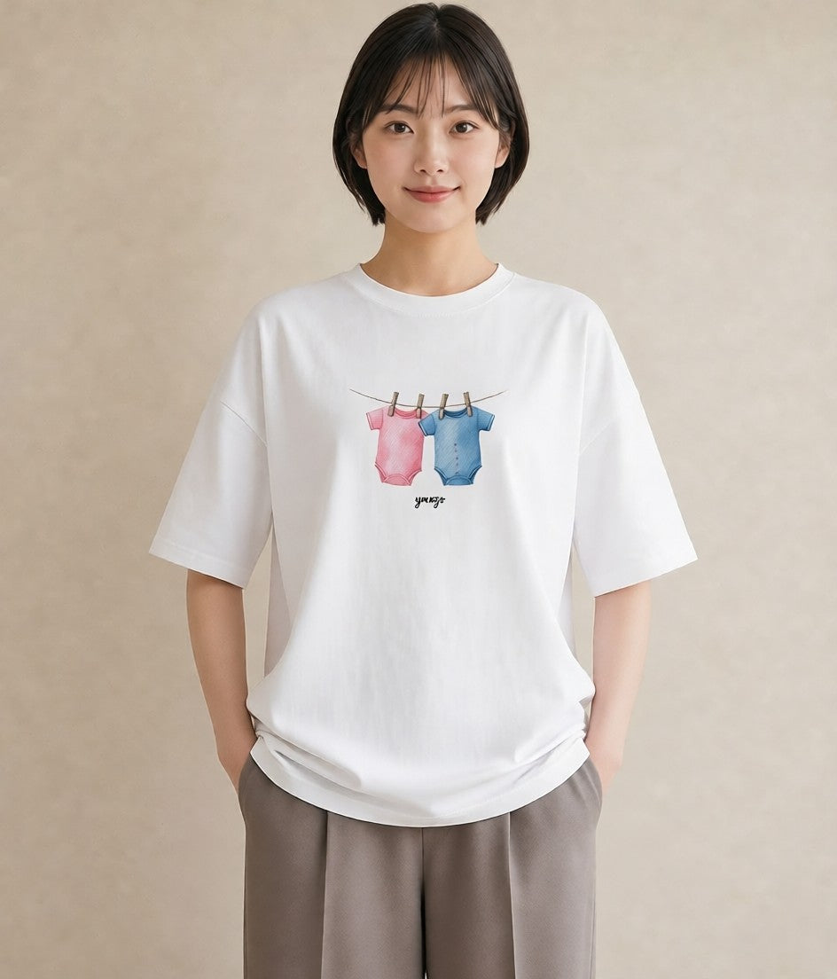 半袖Tシャツ レディース 洗濯物 風 ナチュラル アンティーク イラスト ガーリー ペアコーデ 秋コーデ 白T YMAZO