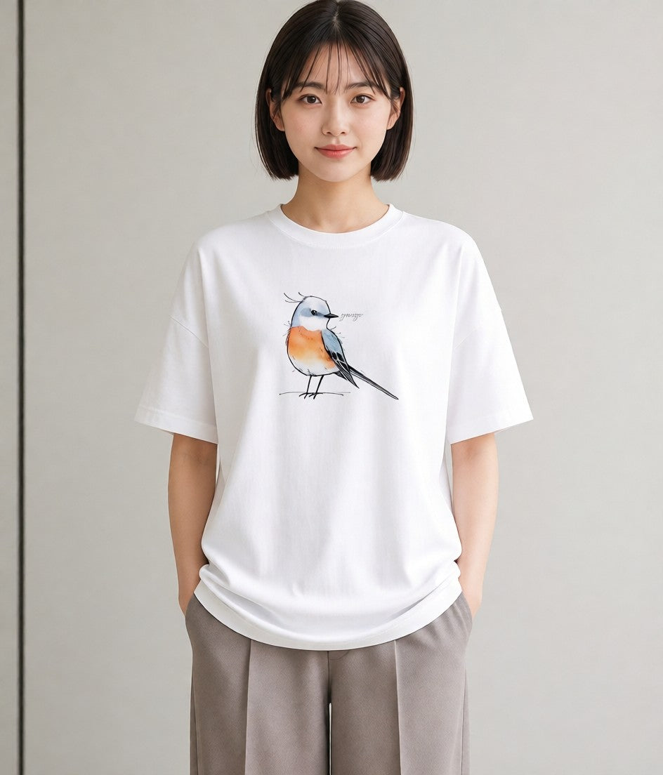 プリントTシャツ レディース 遠い家と鳥 風景 鳥 ナチュラル アンティーク イラスト 手描き風 お出かけ 普段着 白T YMAZO