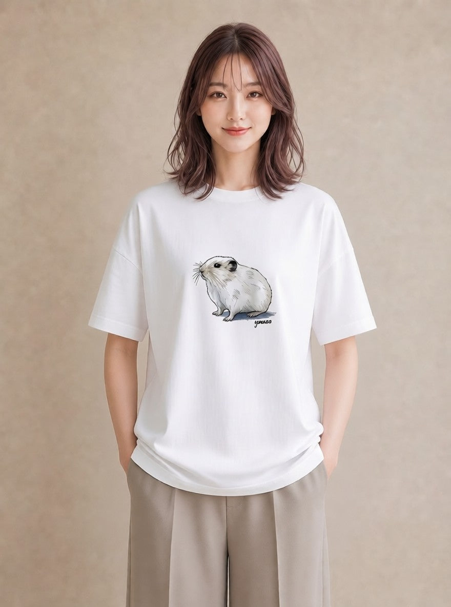 半袖Tシャツ レディース フェレット ペット 動物 イラスト 北欧風 デイリーウェア 休日 白T YMAZO