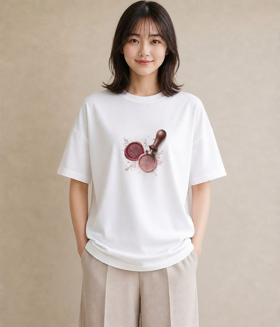 プリントTシャツ レディース 封蝋 手紙 アンティーク ナチュラル イラスト 水彩風 海 カフェ巡り 白T YMAZO