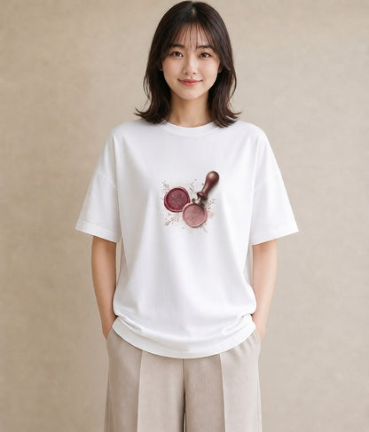 プリントTシャツ レディース 封蝋 手紙 アンティーク ナチュラル イラスト 水彩風 海 カフェ巡り 白T YMAZO