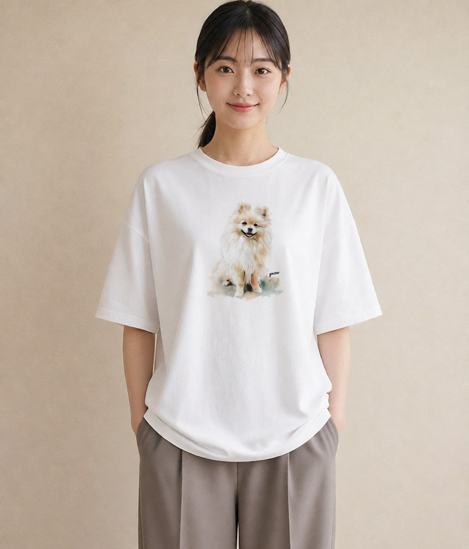半袖Tシャツ レディース ポメラニアン ポメ 犬 いぬ イラスト きれいめ 通学 誕生日プレゼント 白T YMAZO