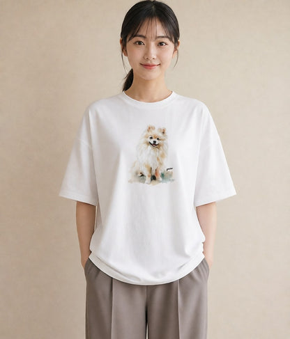 半袖Tシャツ レディース ポメラニアン ポメ 犬 いぬ イラスト きれいめ 通学 誕生日プレゼント 白T YMAZO