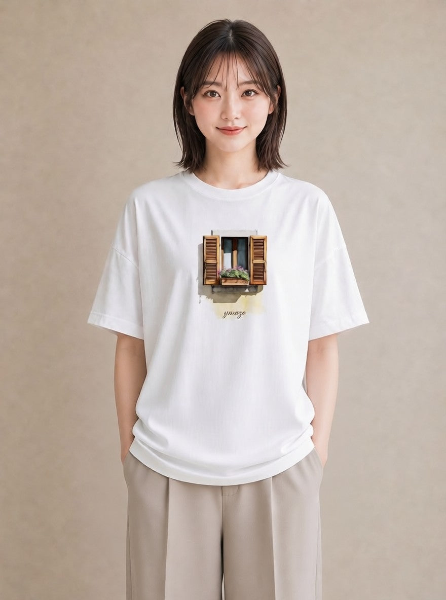 グラフィックTシャツ レディース 窓辺の雨 雨の日 窓 ナチュラル アンティーク イラスト 個性的 デイリーウェア 休日 白T YMAZO