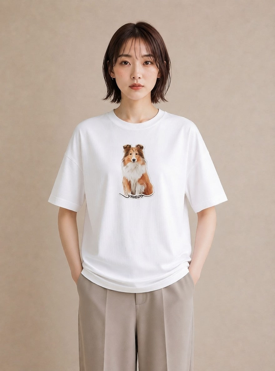 Tシャツ レディース 白柴 犬 いぬ イラスト 韓国風 ママ カフェ服 白T YMAZO