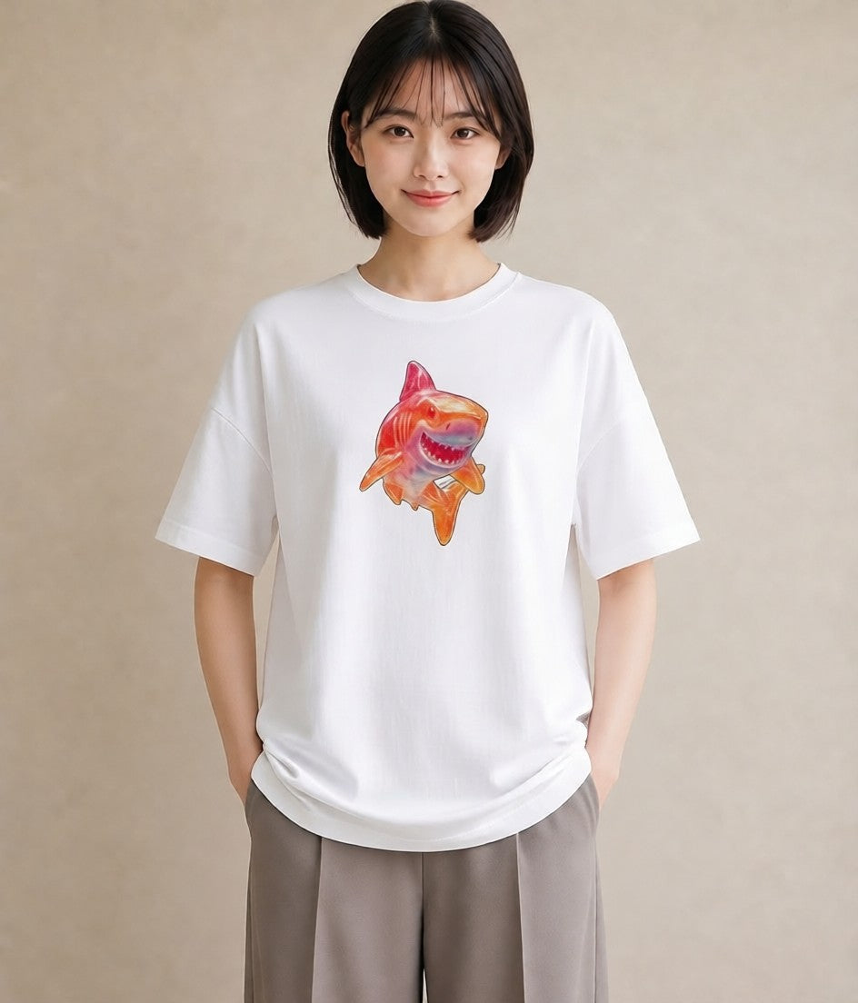 半袖Tシャツ レディース サメ 海の生き物 海 イラスト ニュアンス 女性 旅行用 白T YMAZO