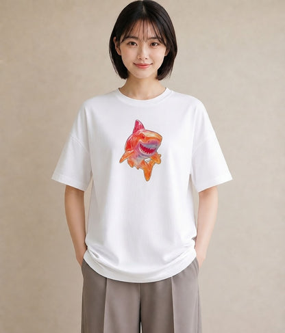 半袖Tシャツ レディース サメ 海の生き物 海 イラスト ニュアンス 女性 旅行用 白T YMAZO