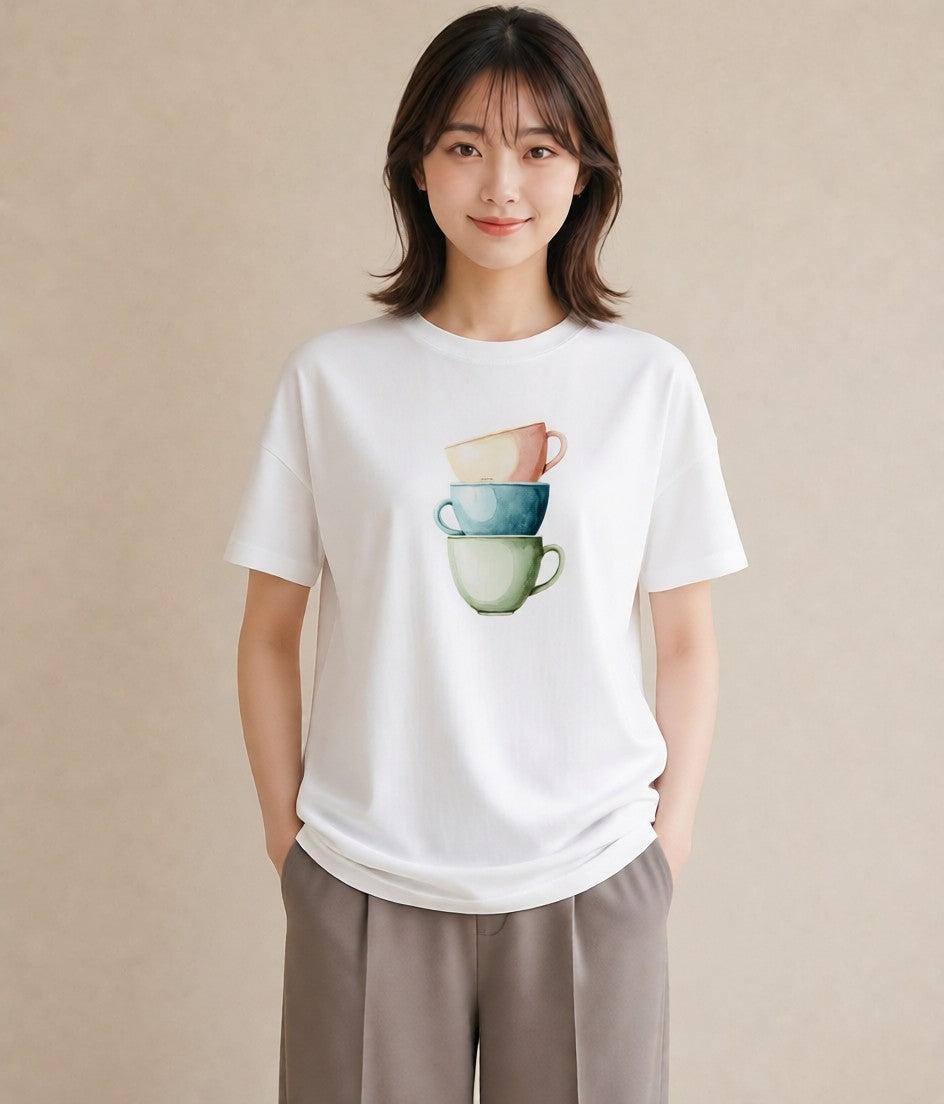 半袖Tシャツ レディース カフェオレ 食べ物 フード イラスト 上品 通勤 在宅 白T YMAZO