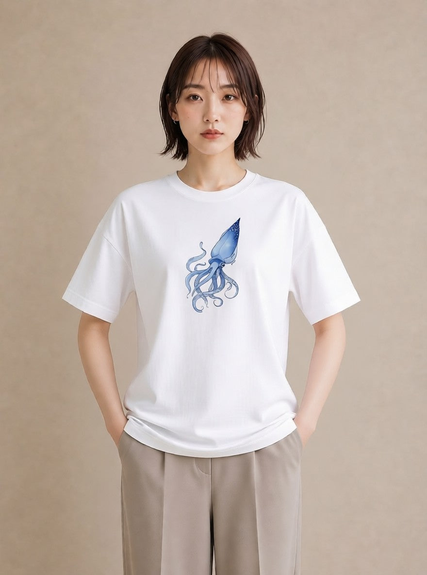 プリントTシャツ レディース タコ 海の生き物 海 イラスト モード 普段着 週末コーデ 白T YMAZO