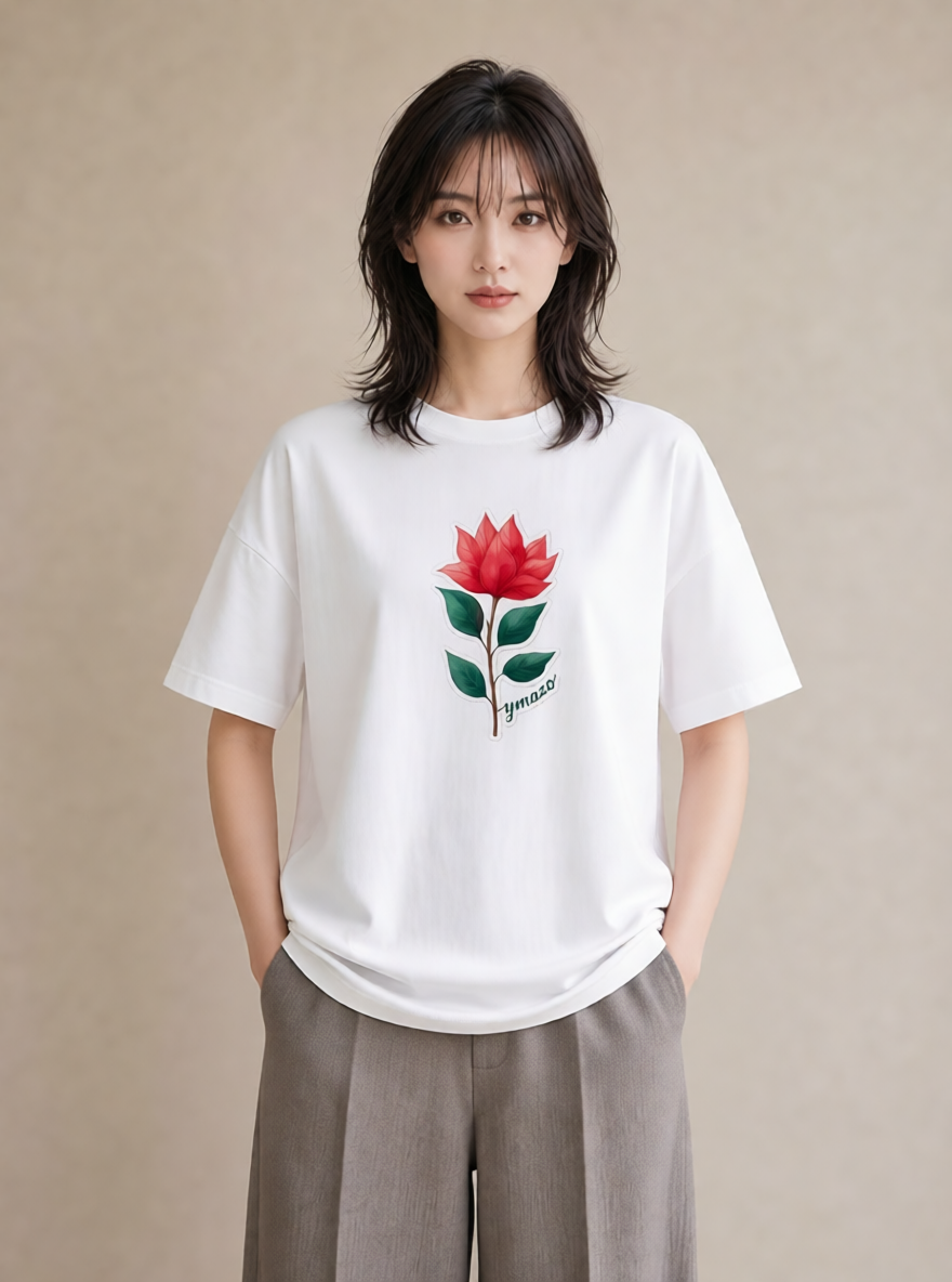 半袖Tシャツ レディース 椿 花 花柄 イラスト きれいめカジュアル おしゃれギフト 社会人 白T