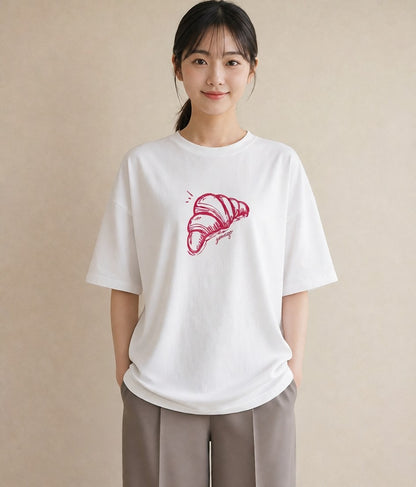 プリントTシャツ レディース パン ベーカリー レトロ イラスト 女性向けギフト 散歩 白T YMAZO