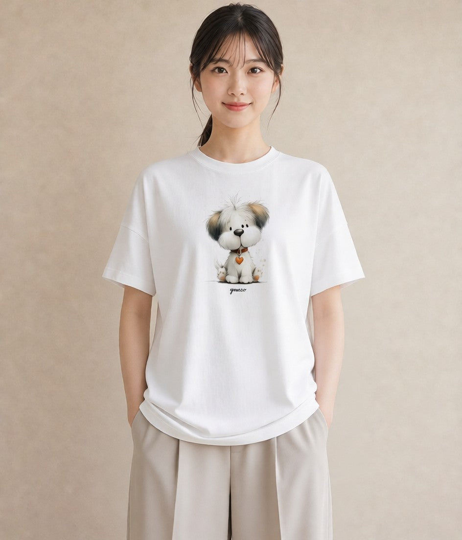 デザインTシャツ レディース わんちゃん 犬 いぬ イラスト 淡色 綿100 デート 白T YMAZO