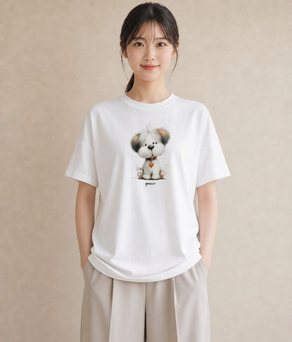 デザインTシャツ レディース わんちゃん 犬 いぬ イラスト 淡色 綿100 デート 白T YMAZO