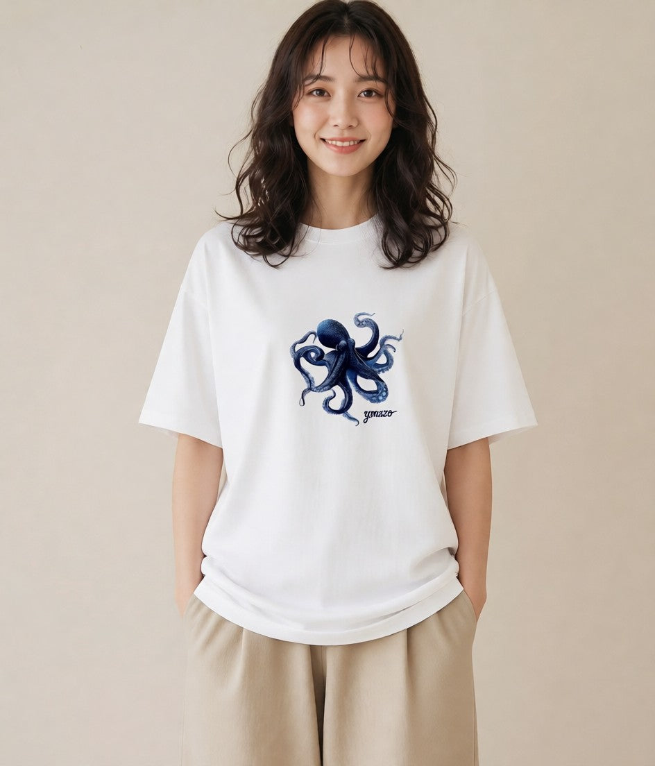 半袖Tシャツ レディース イカ 海の生き物 海 イラスト モード カフェ巡り 白T YMAZO