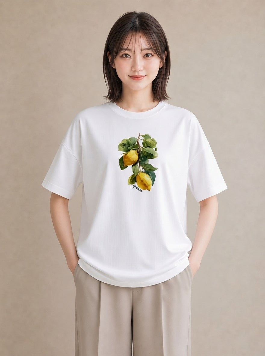 半袖Tシャツ レディース レモン 檸檬 食べ物 フード イラスト 普段使い 週末コーデ 敬老の日 白T YMAZO