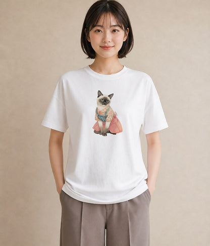 Tシャツ レディース おすわり猫 猫 ねこ イラスト 旅行コーデ ペアコーデ 秋コーデ 白T YMAZO