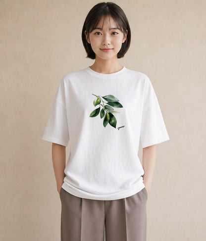 デザインTシャツ レディース ユーカリ 植物 ボタニカル イラスト ニュアンス カジュアルコーデ 買い物 白T YMAZO
