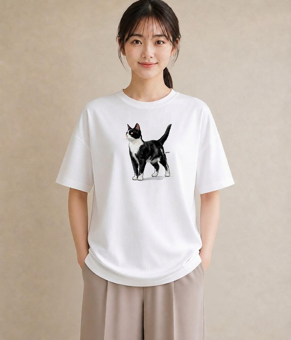 半袖Tシャツ レディース しっぽ 猫 ねこ イラスト ヴィンテージ風 在宅 公園 白T YMAZO