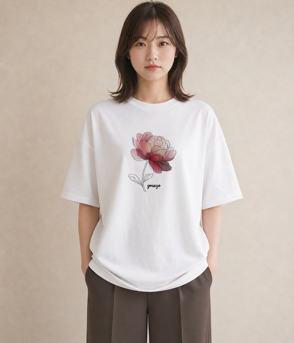 プリントTシャツ レディース 牡丹 花 花柄 イラスト 旅行コーデ 親子 20代 白T