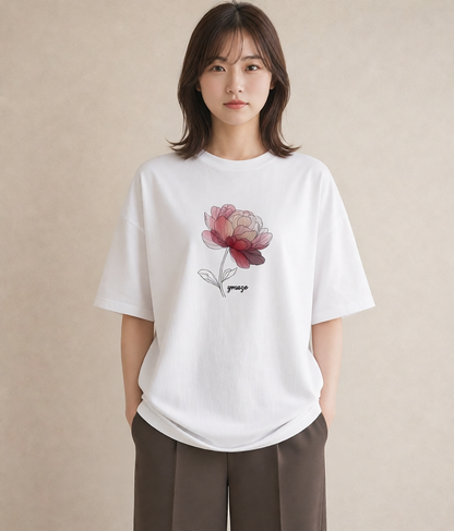 プリントTシャツ レディース 牡丹 花 花柄 イラスト 旅行コーデ 親子 20代 白T