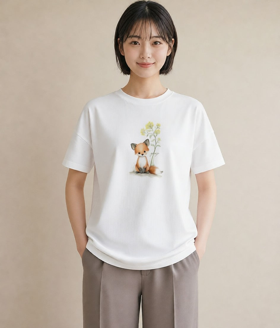 グラフィックTシャツ レディース きつね 動物 アニマル イラスト ゆるかわ 夏コーデ 通学 白T YMAZO