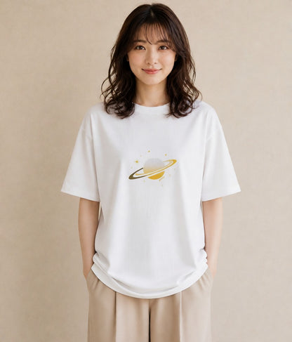 デザインTシャツ レディース 土星 星空 宇宙 イラスト 旅行コーデ 旅行 母娘コーデ 白T YMAZO